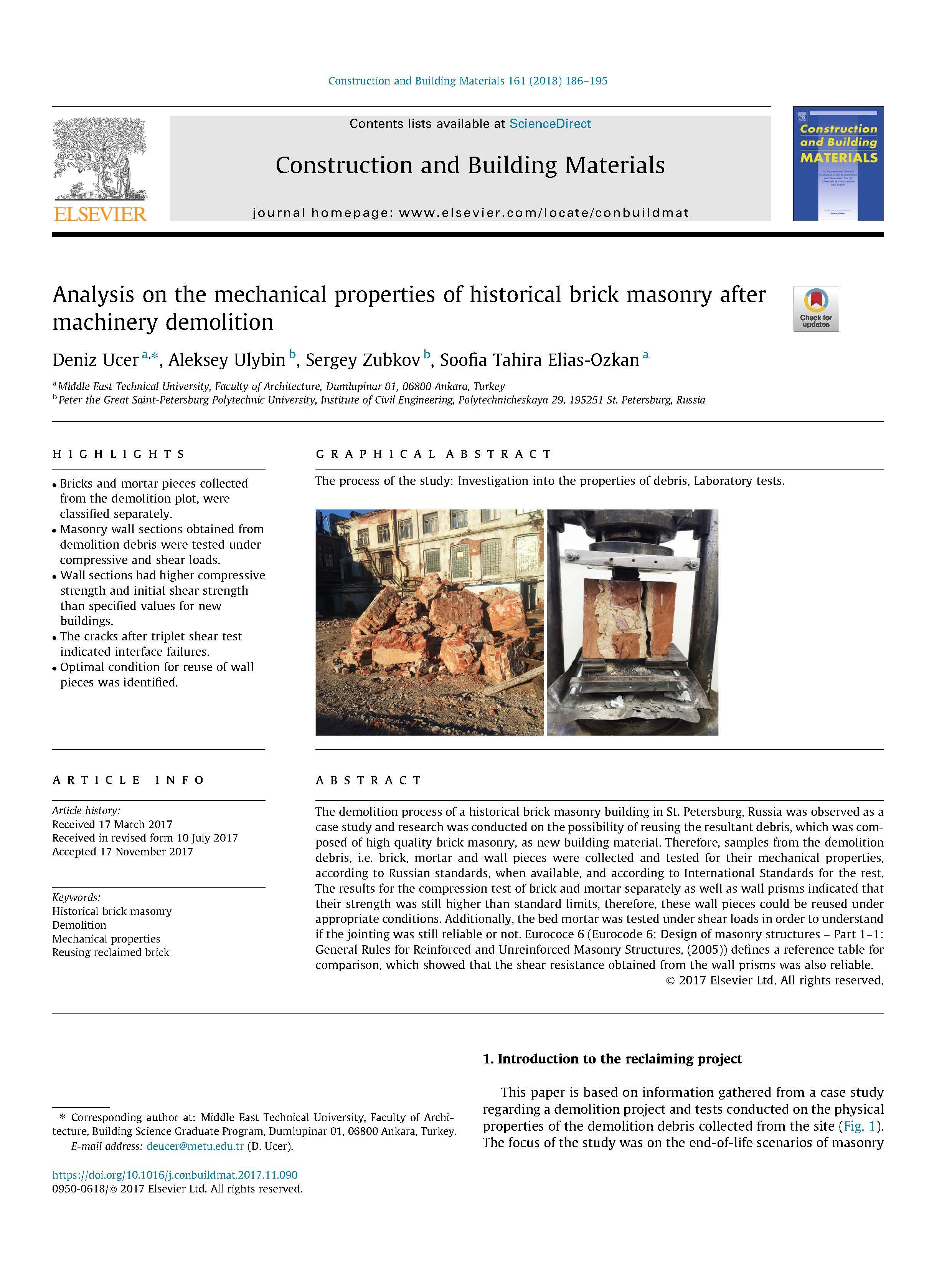 Analysis on the mechanical properties of historical brick masonry after machinery demolition